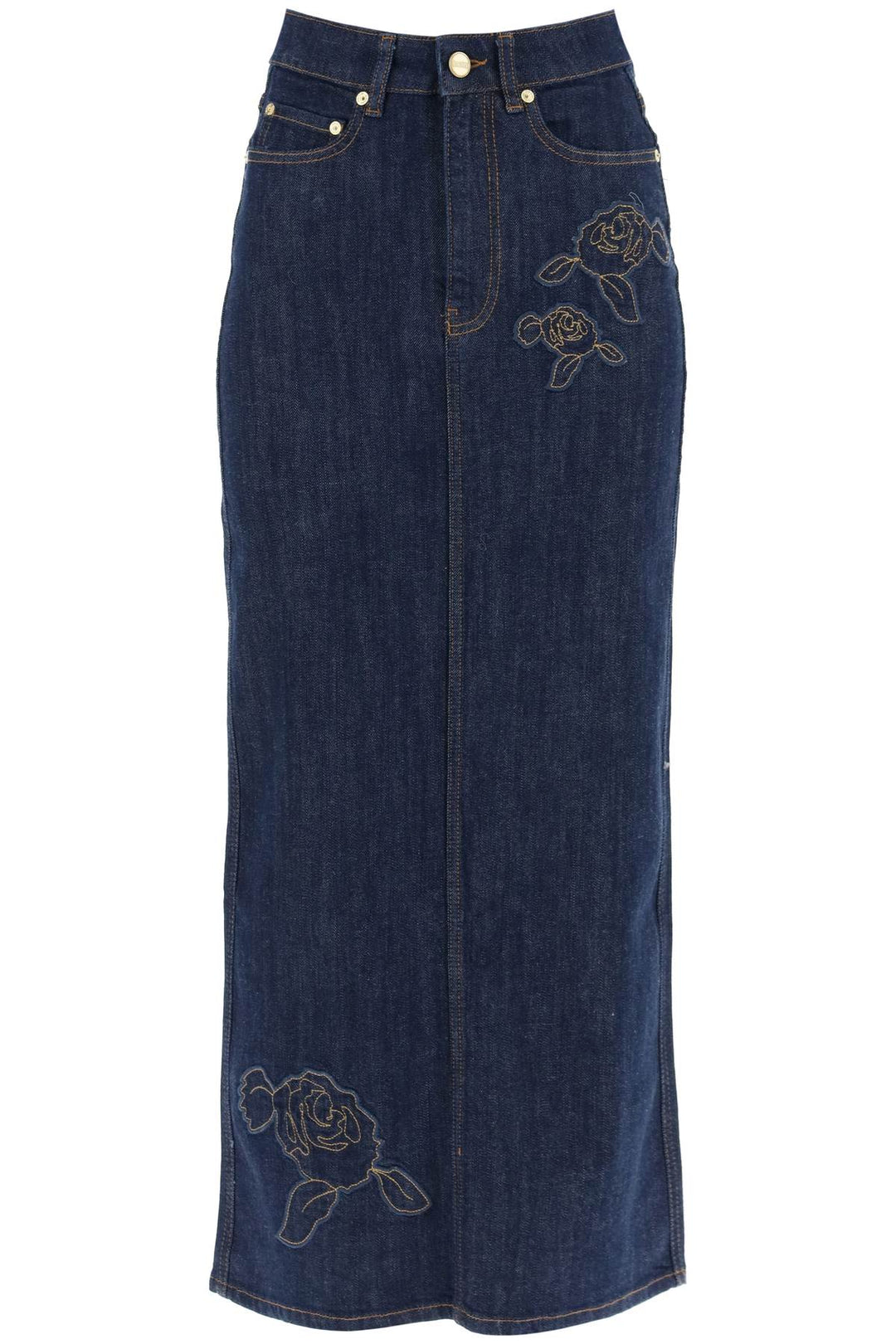 Ganni maxi denim skirt with pink embroidery-0