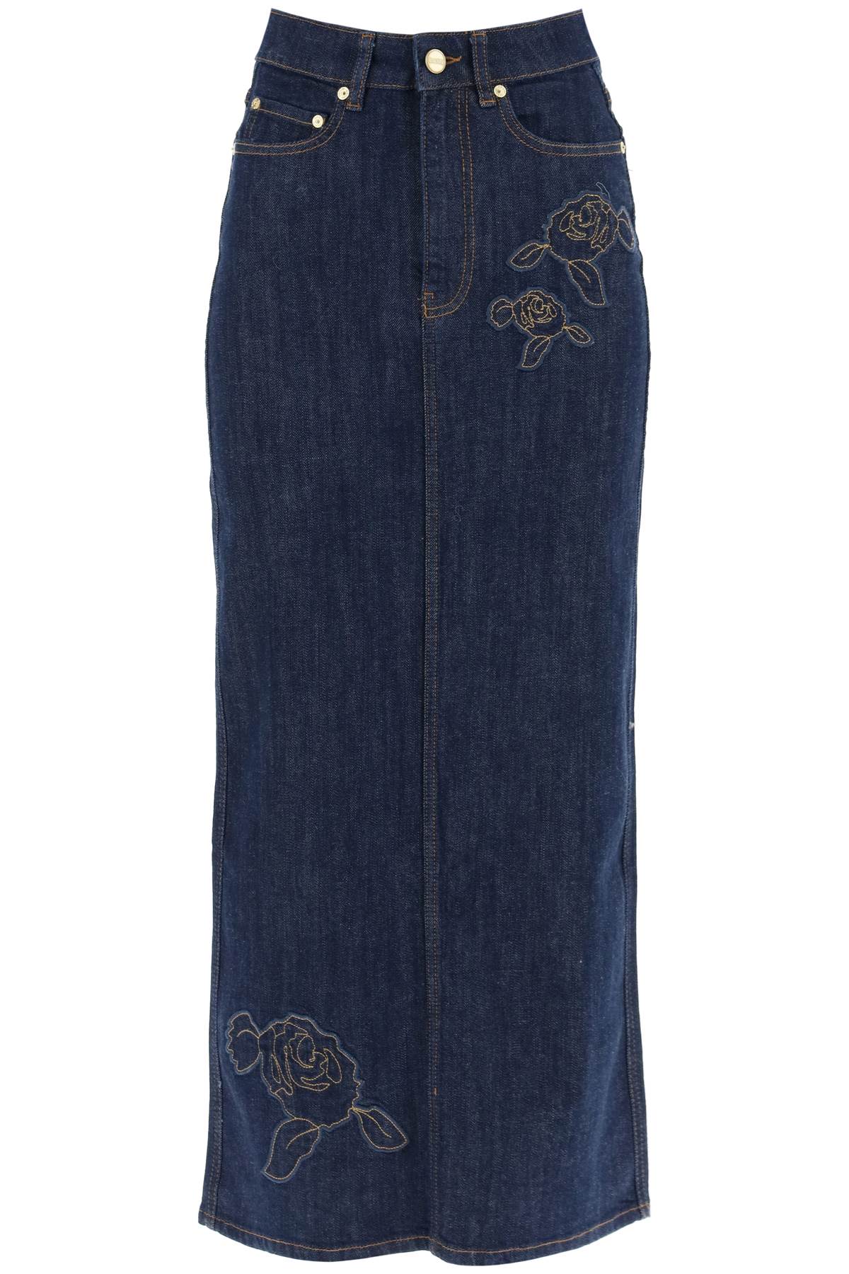 Ganni maxi denim skirt with pink embroidery-0