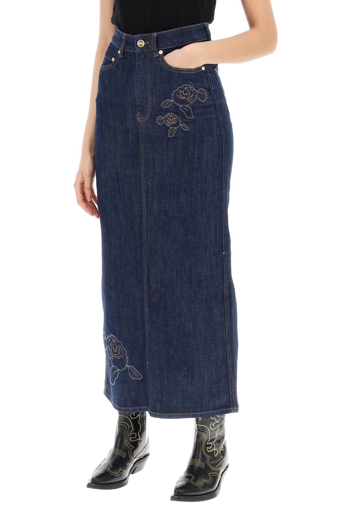 Ganni maxi denim skirt with pink embroidery-3