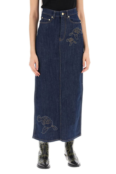 Ganni maxi denim skirt with pink embroidery-1