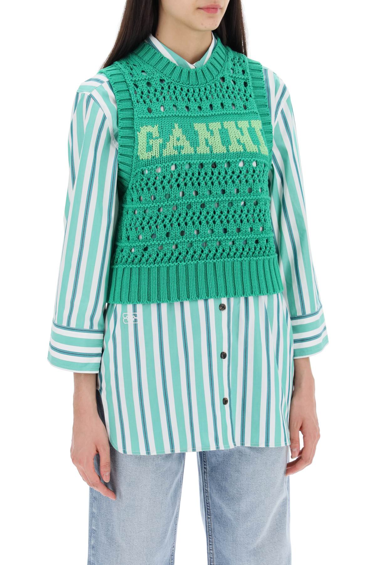 Ganni open-stitch knitted vest with logo-1