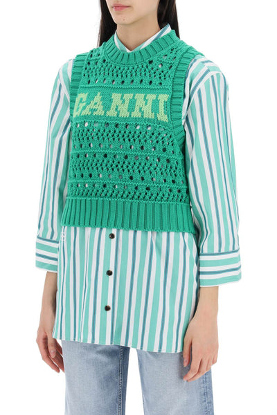 Ganni open-stitch knitted vest with logo-3
