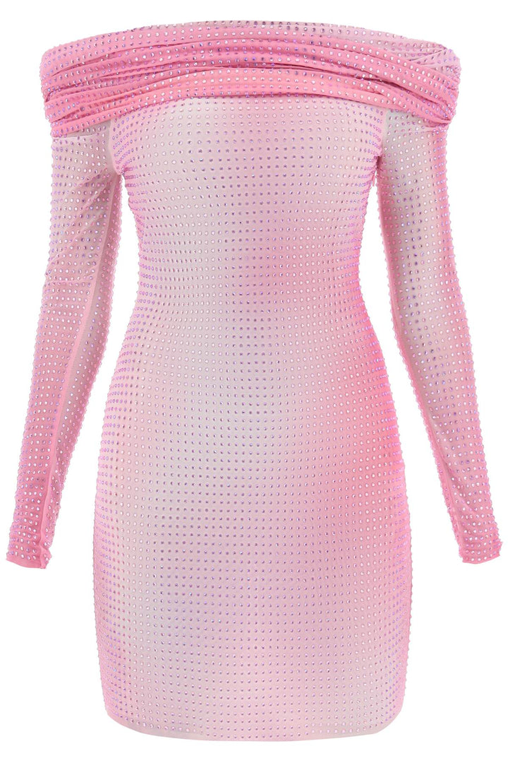 off-shoulder mini dress in rhinestone-studded mesh-0