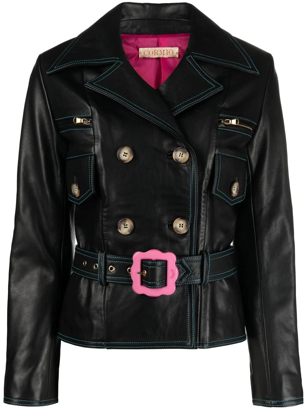 CORMIO Florence double-breasted belted leather jacket-0
