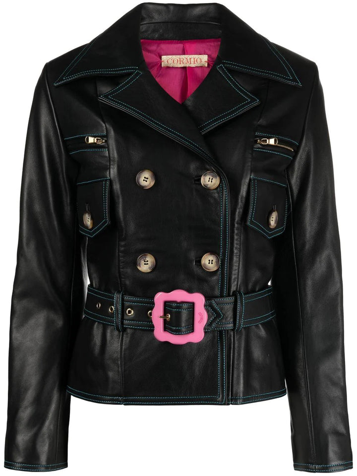 CORMIO Florence double-breasted belted leather jacket-0