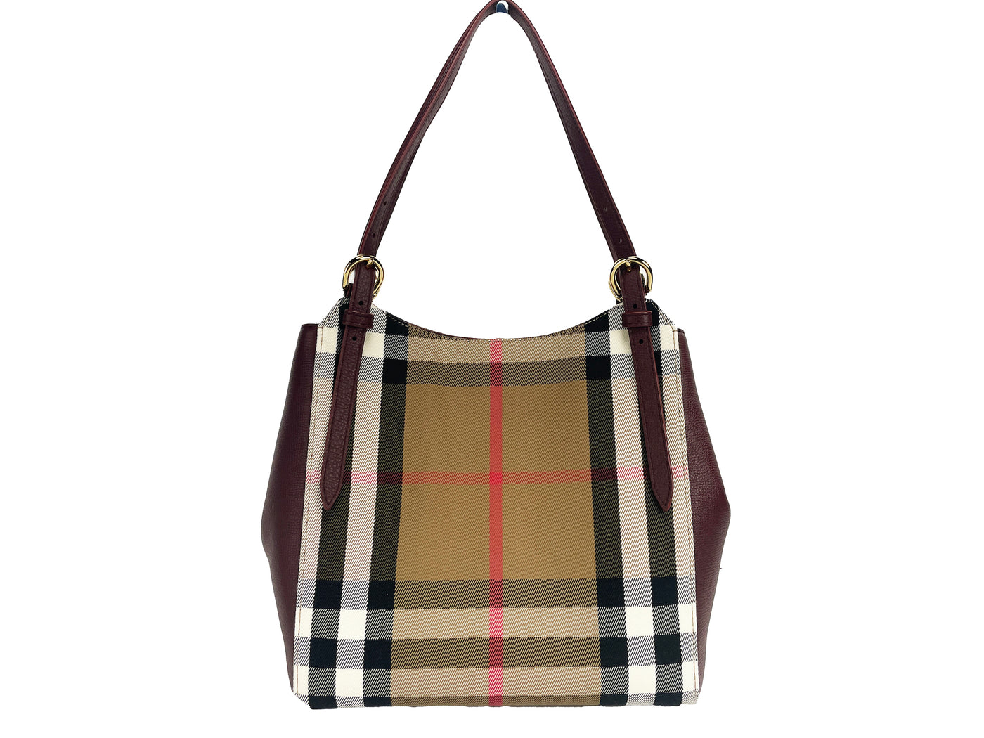 Burberry Small Canterby Mahogany Leather Check Canvas Tote Bag Purse