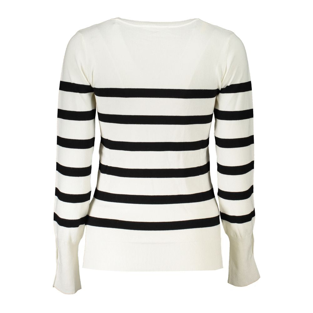 Guess Jeans Chic V-Neck Striped Sweater with Logo Embroidery