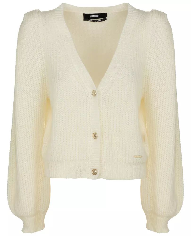 Imperfect  Elegant White V-Neck Cardigan With Golden Buttons