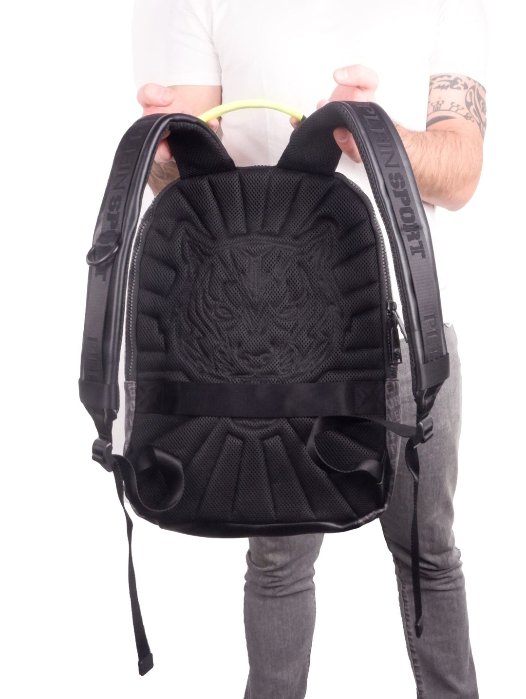 Plein Sport Sleek Black Eco-Leather Backpack with Logo Print