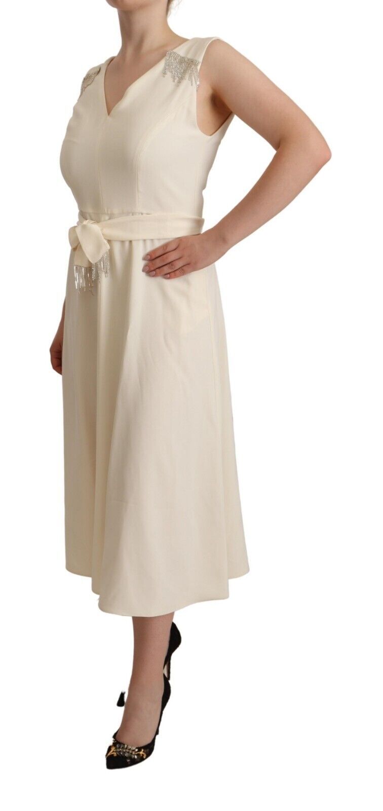 Seymayka  Sleeveless V-Neck A-Line Dress in Off White