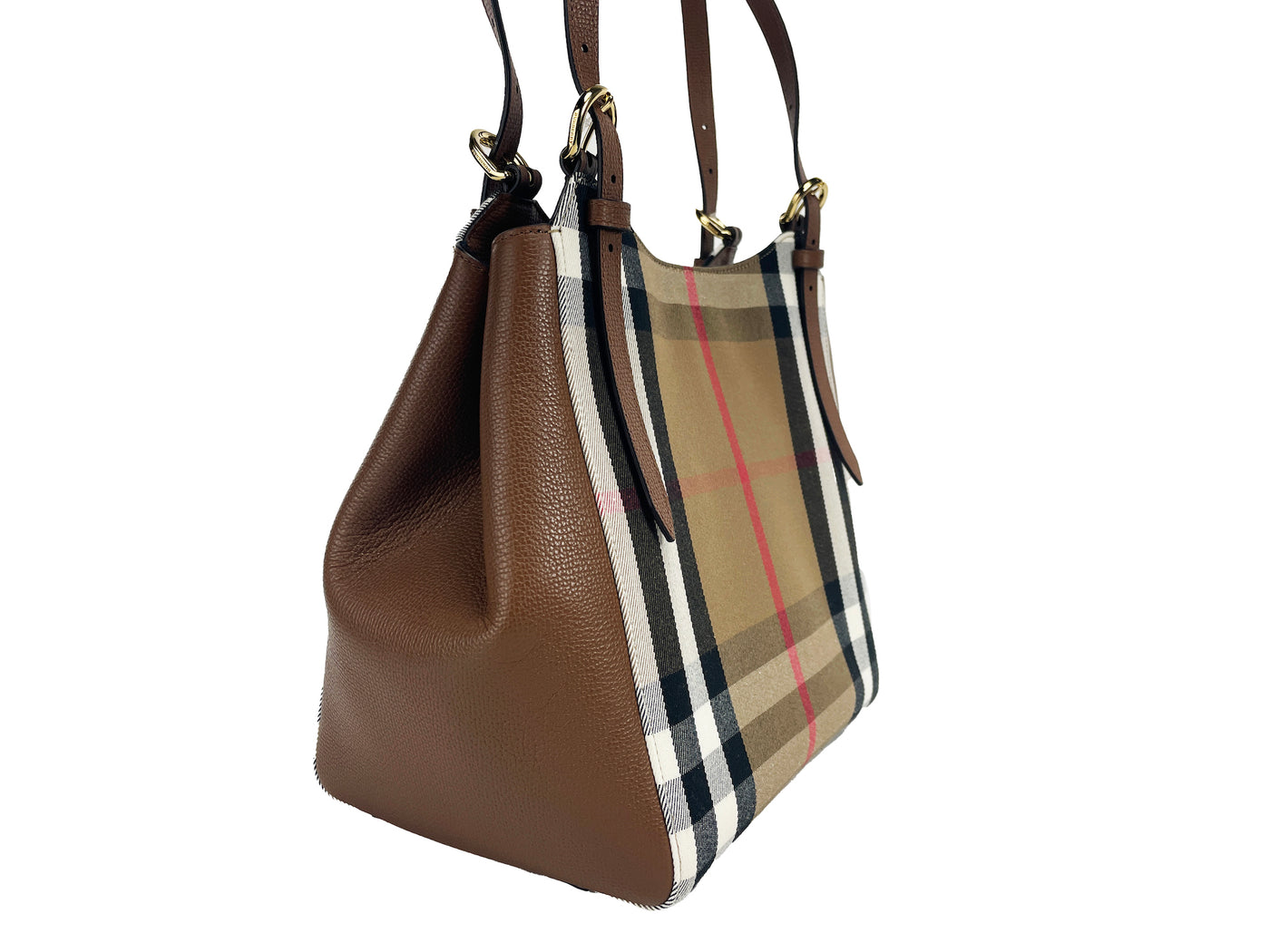 Burberry Small Canterby Tan Leather Check Canvas Tote Bag Purse