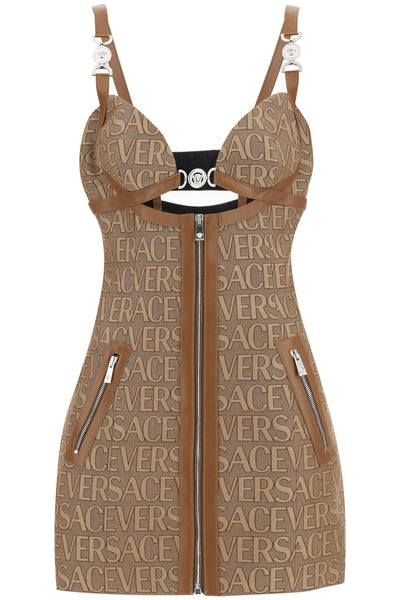 Versace monogram mini dress with leather trims-0