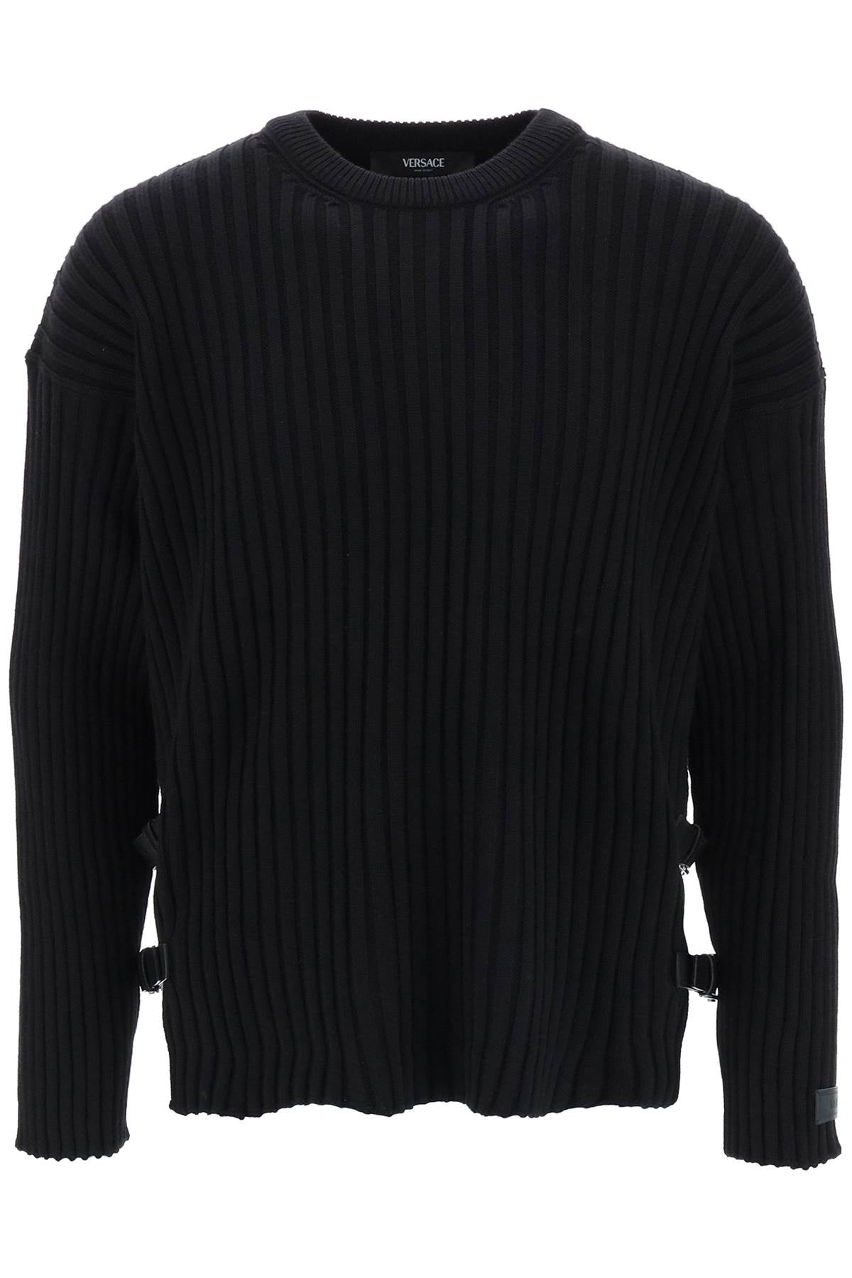 Versace ribbed-knit sweater with leather straps-0