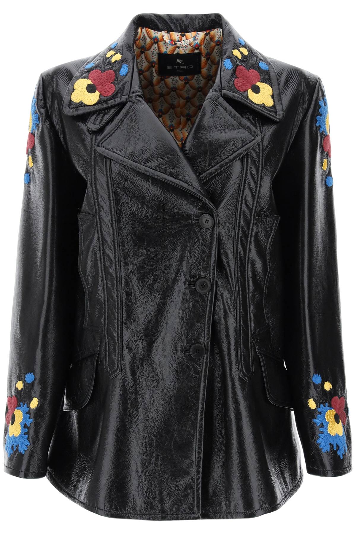 Etro jacket in patent faux leather with floral embroideries-0