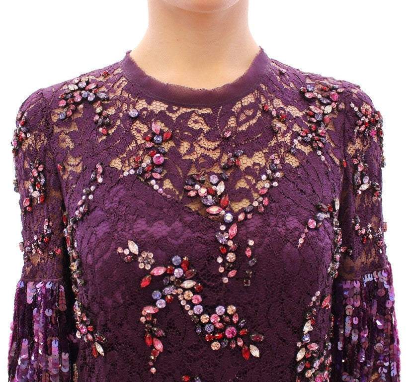 Dolce & Gabbana Purple floral lace crystal embedded dress #women, Dolce & Gabbana, Dresses - Women - Clothing, feed-agegroup-adult, feed-color-purple, feed-gender-female, feed-size-IT42|M, IT42|M, Purple at SEYMAYKA
