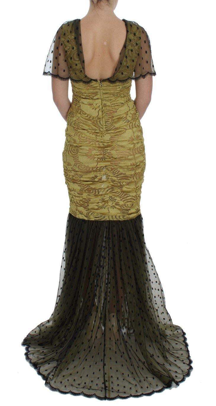 Dolce & Gabbana  Yellow Black Floral Lace Ricamo Gown Dress #women, Brand_Dolce & Gabbana, Catch, Clothing_Dress, Dolce & Gabbana, Dresses - Women - Clothing, feed-agegroup-adult, feed-color-yellow, feed-gender-female, feed-size-IT40|S, Gender_Women, IT40|S, Kogan, Yellow at SEYMAYKA