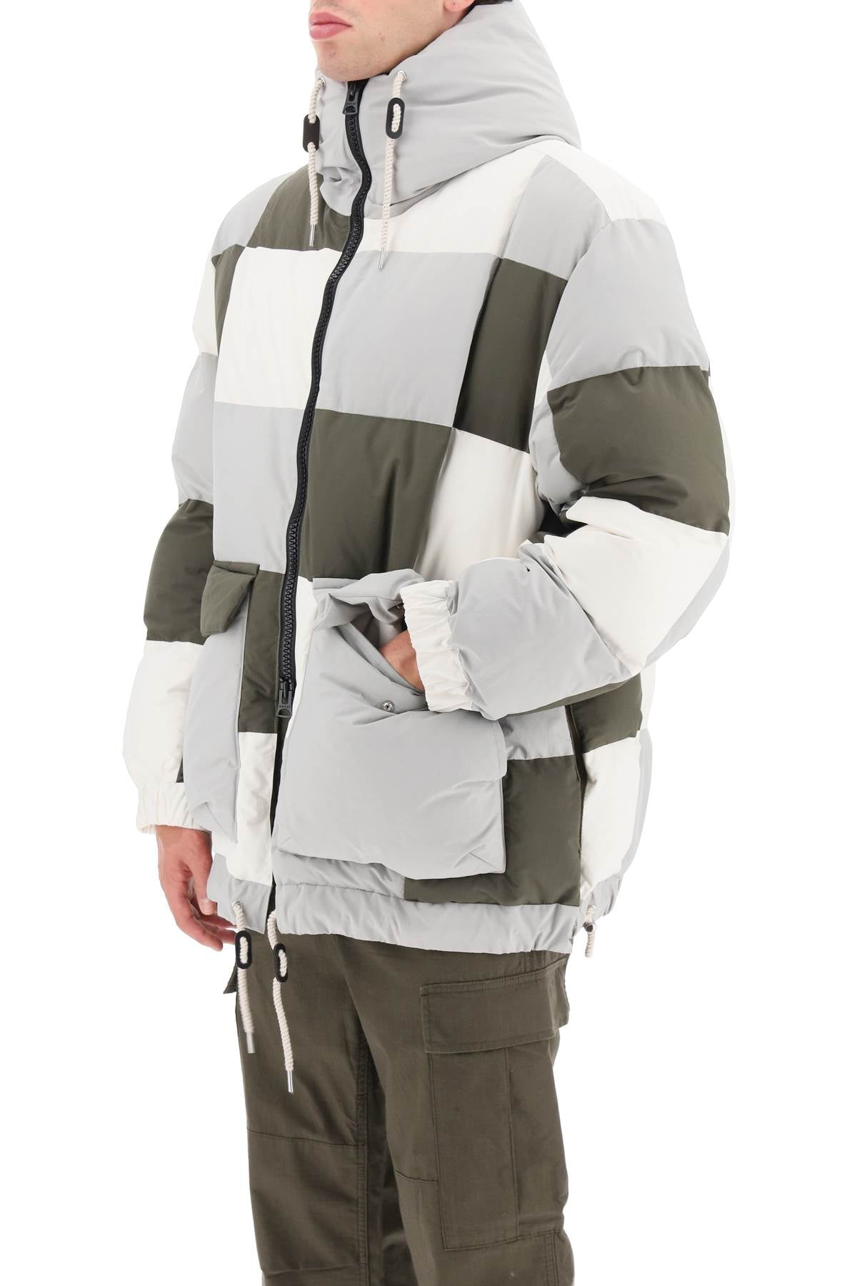 Sacai hooded puffer jacket with checkerboard pattern-3