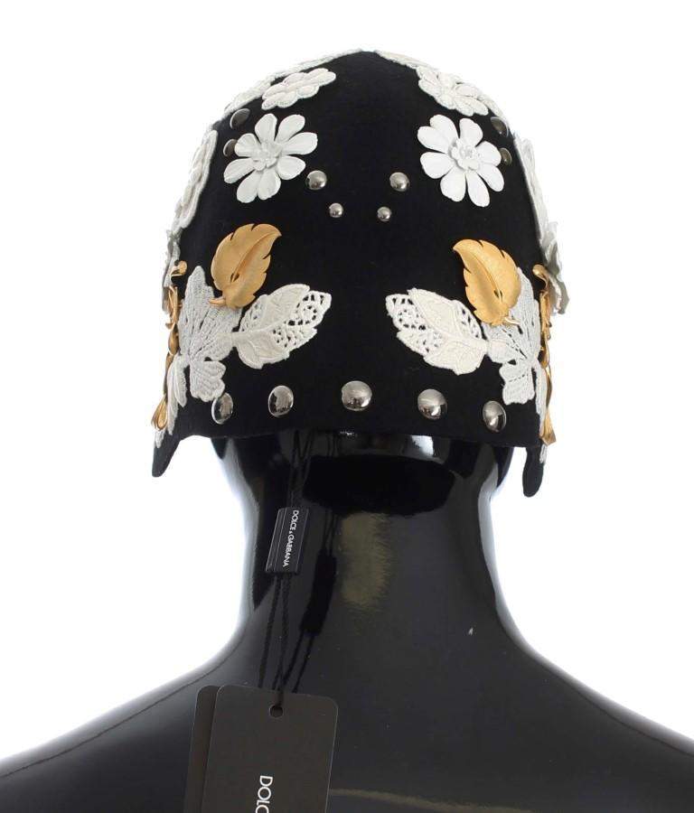 Dolce & Gabbana  Black Wool White Floral Gold Leaf Hat #women, Black, Brand_Dolce & Gabbana, Catch, Dolce & Gabbana, feed-agegroup-adult, feed-color-black, feed-gender-female, feed-size-OS, Gender_Women, Hats - Women - Accessories, Kogan at SEYMAYKA