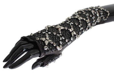Dolce & Gabbana  Black Leather Crystal Beaded Finger Free Gloves #women, 7|S, Black, Brand_Dolce & Gabbana, Catch, Dolce & Gabbana, feed-agegroup-adult, feed-color-black, feed-gender-female, feed-size-7|S, Gender_Women, Gloves - Women - Accessories, Kogan at SEYMAYKA