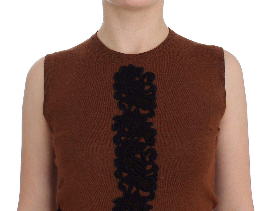 Dolce & Gabbana  Brown Wool Black Lace Vest Sweater Top #women, Beige, Brand_Dolce & Gabbana, Catch, Dolce & Gabbana, feed-agegroup-adult, feed-color-beige, feed-gender-female, feed-size-IT38|XS, Gender_Women, IT38|XS, Kogan, Sweaters - Women - Clothing at SEYMAYKA