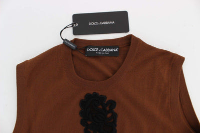 Dolce & Gabbana  Brown Wool Black Lace Vest Sweater Top #women, Beige, Brand_Dolce & Gabbana, Catch, Dolce & Gabbana, feed-agegroup-adult, feed-color-beige, feed-gender-female, feed-size-IT38|XS, Gender_Women, IT38|XS, Kogan, Sweaters - Women - Clothing at SEYMAYKA