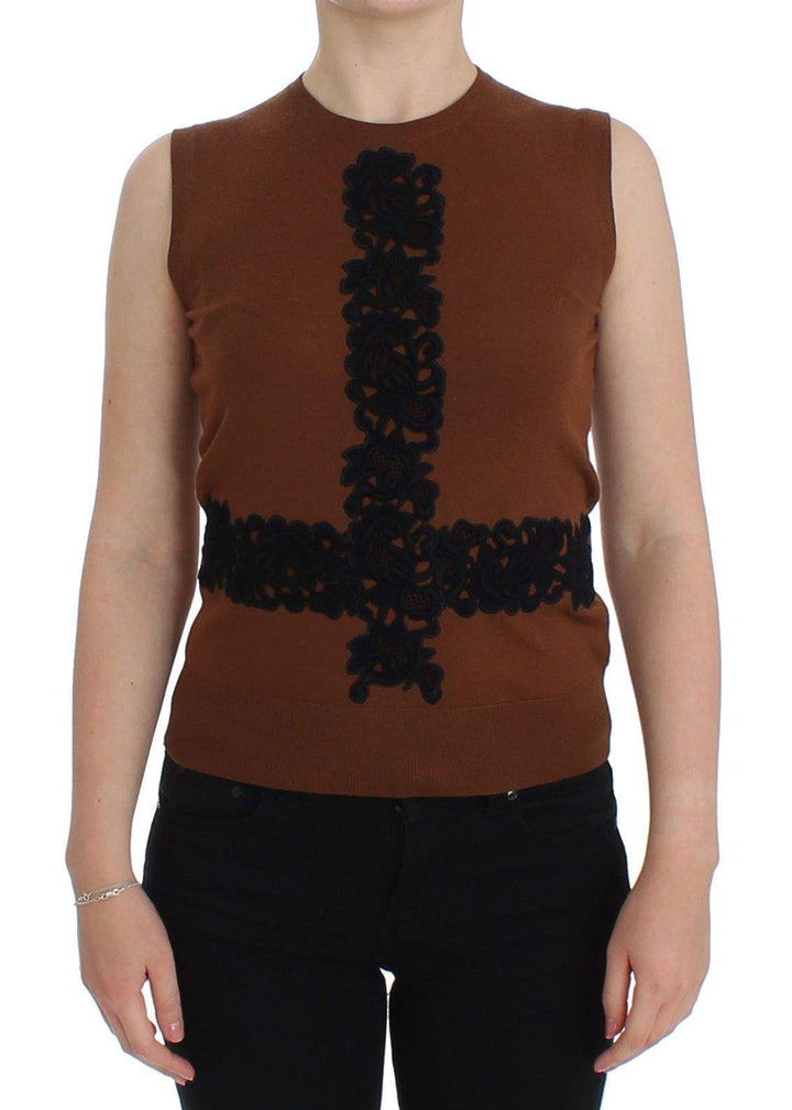 Dolce & Gabbana  Brown Wool Black Lace Vest Sweater Top #women, Beige, Brand_Dolce & Gabbana, Catch, Dolce & Gabbana, feed-agegroup-adult, feed-color-beige, feed-gender-female, feed-size-IT38|XS, Gender_Women, IT38|XS, Kogan, Sweaters - Women - Clothing at SEYMAYKA