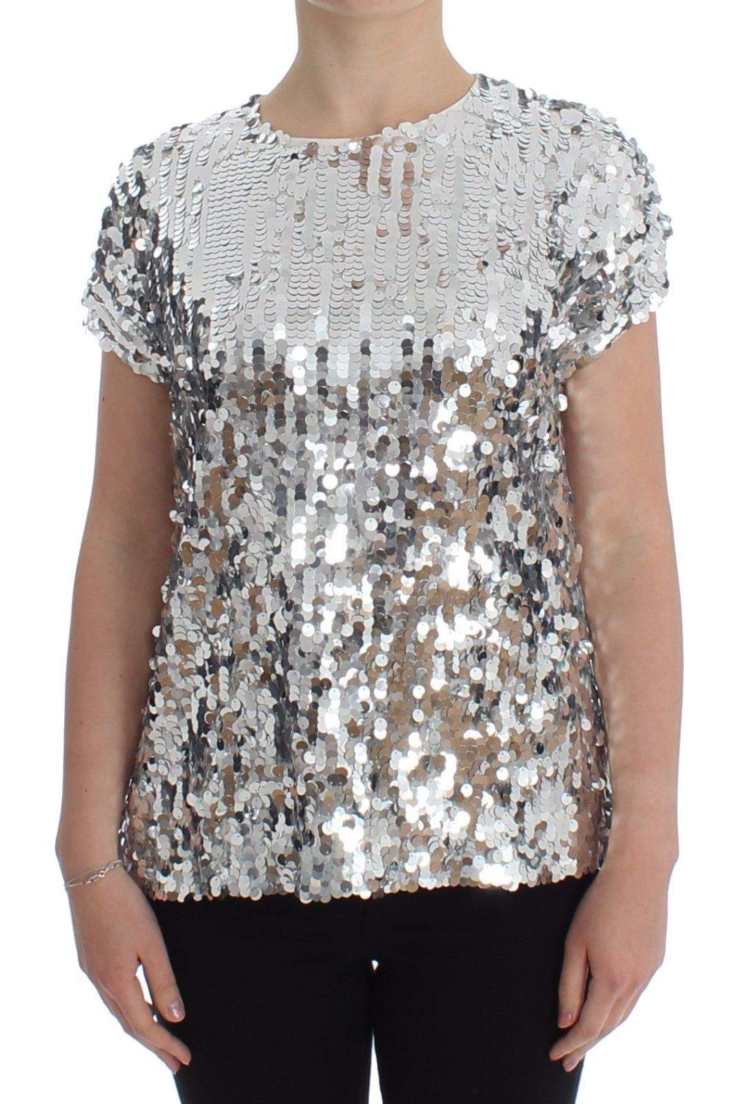 Dolce & Gabbana  Silver Sequined Crewneck Blouse T-shirt Top #women, Brand_Dolce & Gabbana, Catch, Dolce & Gabbana, feed-agegroup-adult, feed-color-silver, feed-gender-female, feed-size-IT40, feed-size-IT42, feed-size-IT44, Gender_Women, IT40, IT42, IT44, Kogan, Silver, Tops & T-Shirts - Women - Clothing at SEYMAYKA