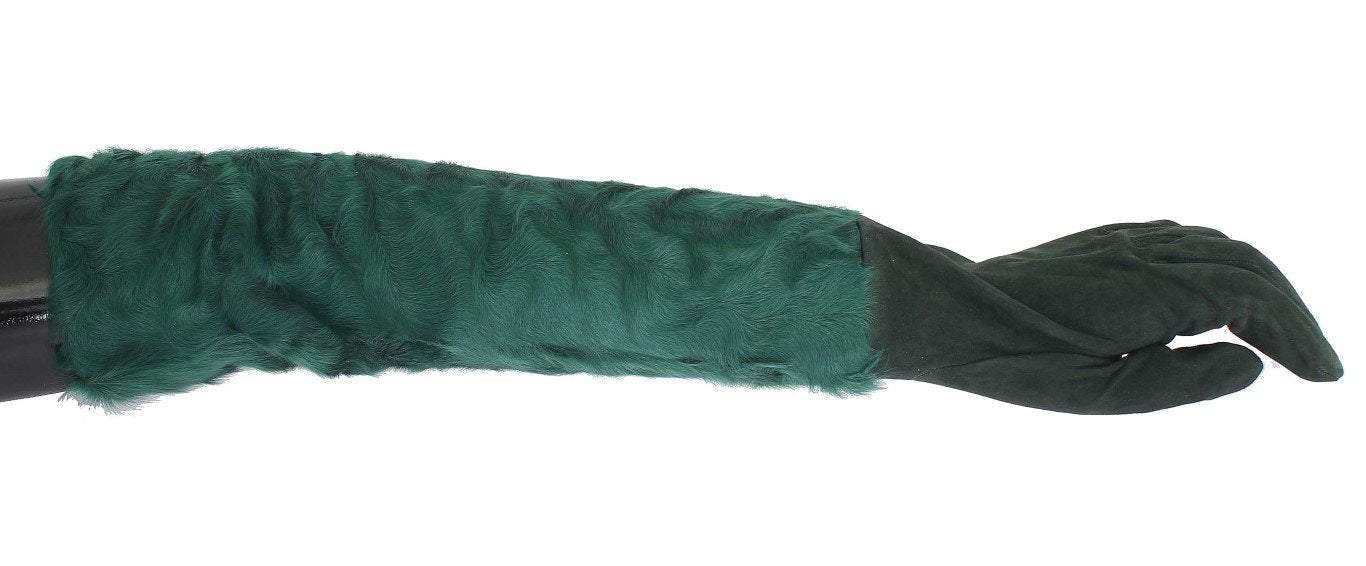 Dolce & Gabbana  Green Leather Xiangao Fur Elbow Gloves #women, 8|M, Accessories - New Arrivals, Brand_Dolce & Gabbana, Catch, Dolce & Gabbana, feed-agegroup-adult, feed-color-green, feed-gender-female, feed-size-8|M, Gender_Women, Gloves - Women - Accessories, Green, Kogan at SEYMAYKA