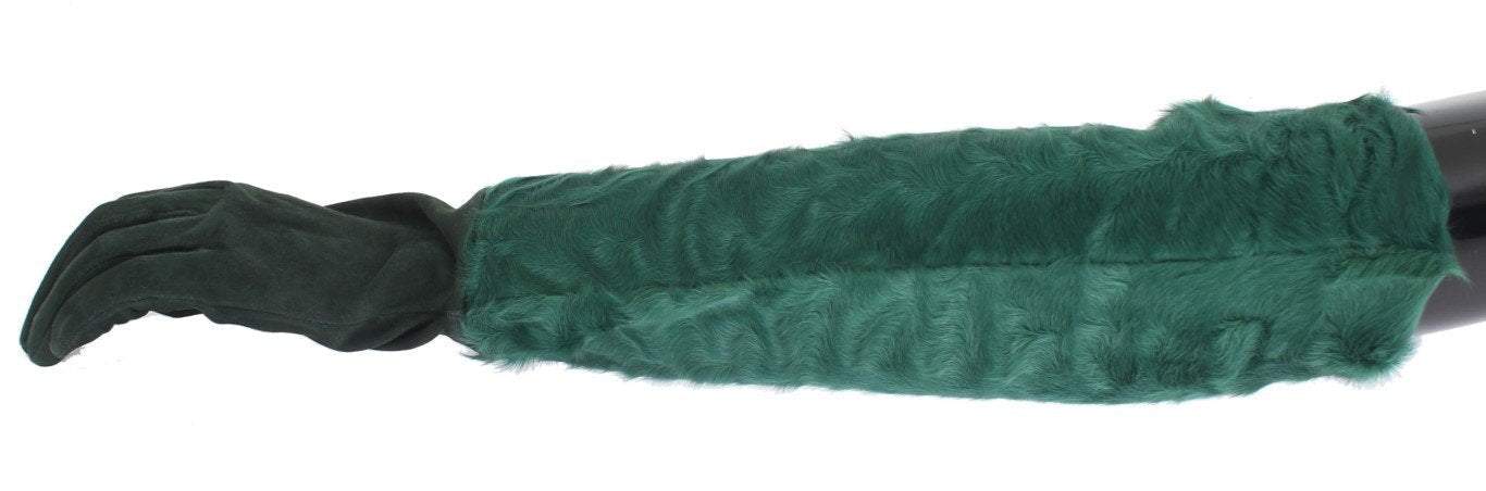 Dolce & Gabbana  Green Leather Xiangao Fur Elbow Gloves #women, 8|M, Accessories - New Arrivals, Brand_Dolce & Gabbana, Catch, Dolce & Gabbana, feed-agegroup-adult, feed-color-green, feed-gender-female, feed-size-8|M, Gender_Women, Gloves - Women - Accessories, Green, Kogan at SEYMAYKA
