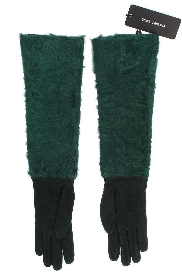 Dolce & Gabbana  Green Leather Xiangao Fur Elbow Gloves #women, 8|M, Accessories - New Arrivals, Brand_Dolce & Gabbana, Catch, Dolce & Gabbana, feed-agegroup-adult, feed-color-green, feed-gender-female, feed-size-8|M, Gender_Women, Gloves - Women - Accessories, Green, Kogan at SEYMAYKA