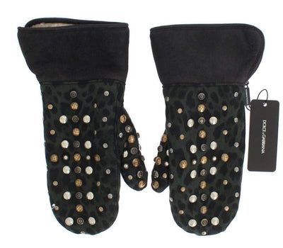 Dolce & Gabbana  Gray Wool Shearling Studded Green Leopard Gloves #men, 9|M, Accessories - New Arrivals, Brand_Dolce & Gabbana, Catch, Dolce & Gabbana, feed-agegroup-adult, feed-color-gray, feed-gender-male, feed-size-9|M, Gender_Men, Gloves - Men - Accessories, Gray, Kogan at SEYMAYKA