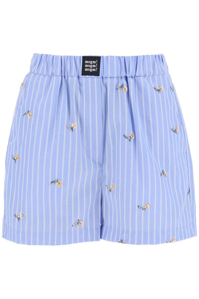 Msgm striped poplin shorts with sequin flowers-0