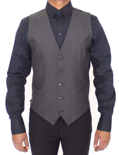 Dolce & Gabbana Gray Striped Wool Silk Dress Vest Gilet #men, Brand_Dolce & Gabbana, Catch, Dolce & Gabbana, feed-agegroup-adult, feed-color-gray, feed-gender-male, feed-size-IT44 | XS, feed-size-IT46 | S, Gender_Men, Gray, IT44 | XS, IT46 | S, Kogan, Men - New Arrivals, Vests - Men - Clothing at SEYMAYKA