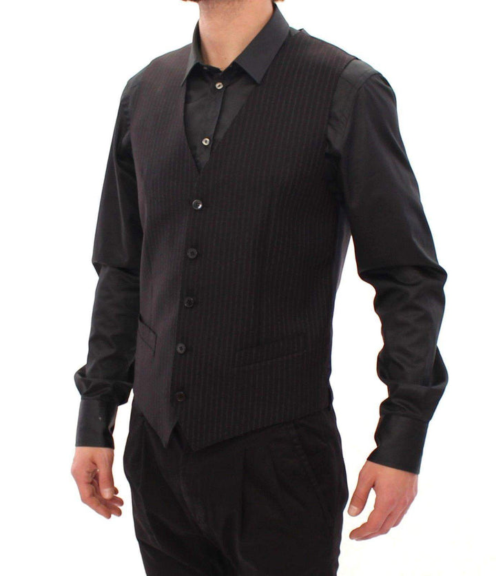 Dolce & Gabbana  Black Striped Wool Single Breasted Vest #men, Black, Brand_Dolce & Gabbana, Catch, Dolce & Gabbana, feed-agegroup-adult, feed-color-black, feed-gender-male, feed-size-IT48 | M, Gender_Men, IT48 | M, Kogan, Men - New Arrivals, Vests - Men - Clothing at SEYMAYKA