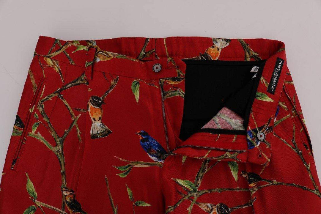 Dolce & Gabbana  Red Silk Bird Print Dress Pants #men, Brand_Dolce & Gabbana, Catch, Dolce & Gabbana, feed-agegroup-adult, feed-color-red, feed-gender-male, feed-size-IT44 | XS, feed-size-IT46 | S, Gender_Men, IT44 | XS, IT46 | S, Jeans & Pants - Men - Clothing, Kogan, Men - New Arrivals, Red at SEYMAYKA