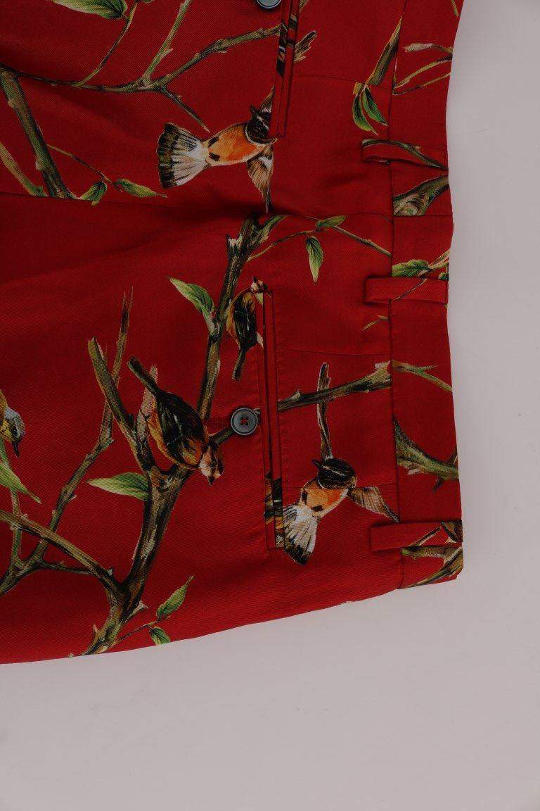Dolce & Gabbana  Red Silk Bird Print Dress Pants #men, Brand_Dolce & Gabbana, Catch, Dolce & Gabbana, feed-agegroup-adult, feed-color-red, feed-gender-male, feed-size-IT44 | XS, feed-size-IT46 | S, Gender_Men, IT44 | XS, IT46 | S, Jeans & Pants - Men - Clothing, Kogan, Men - New Arrivals, Red at SEYMAYKA