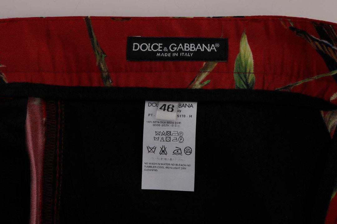 Dolce & Gabbana  Red Silk Bird Print Dress Pants #men, Brand_Dolce & Gabbana, Catch, Dolce & Gabbana, feed-agegroup-adult, feed-color-red, feed-gender-male, feed-size-IT44 | XS, feed-size-IT46 | S, Gender_Men, IT44 | XS, IT46 | S, Jeans & Pants - Men - Clothing, Kogan, Men - New Arrivals, Red at SEYMAYKA