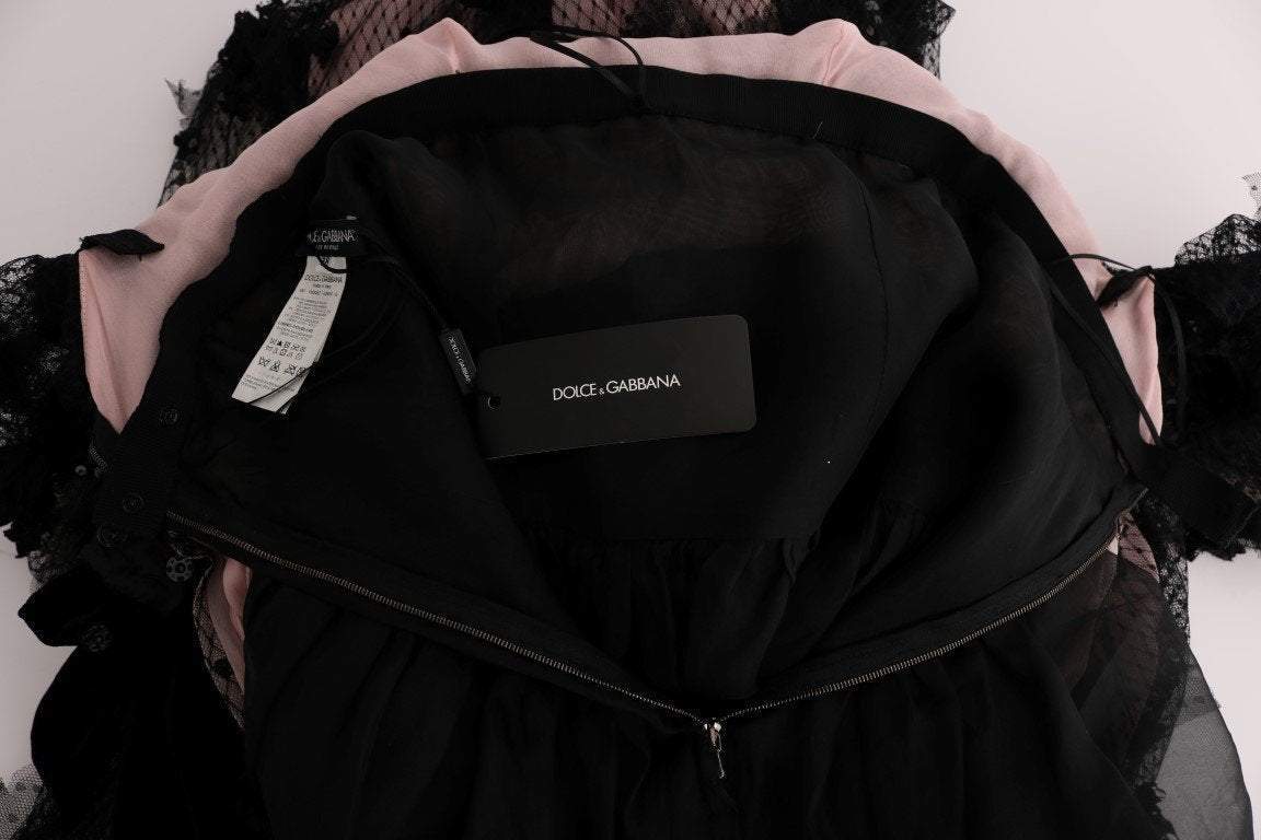 Dolce & Gabbana  Black Pink Silk Applique Shift Dress #women, Black, Brand_Dolce & Gabbana, Catch, Clothing_Dress, Dolce & Gabbana, Dresses - Women - Clothing, feed-agegroup-adult, feed-color-black, feed-gender-female, feed-size-IT38|XS, Gender_Women, IT38|XS, Kogan, Women - New Arrivals at SEYMAYKA