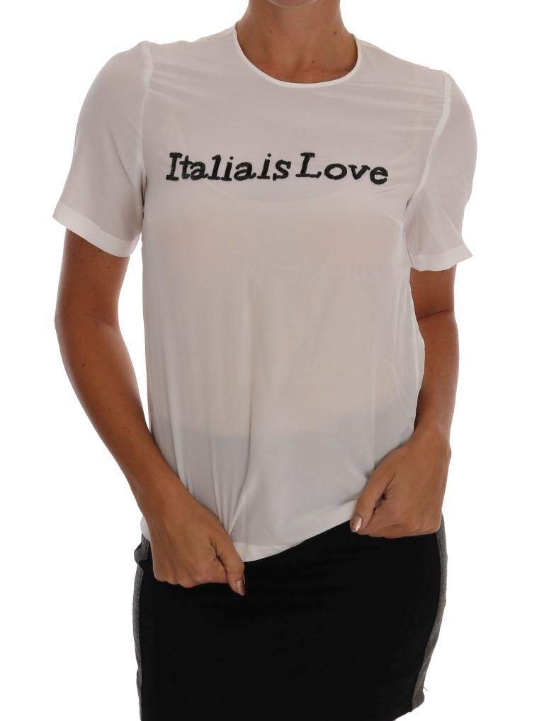 Dolce & Gabbana  White Silk ITALIA IS LOVE Blouse T-shirt #women, Brand_Dolce & Gabbana, Catch, Dolce & Gabbana, feed-agegroup-adult, feed-color-white, feed-gender-female, feed-size-IT36 | XS, Gender_Women, IT36 | XS, Kogan, Tops & T-Shirts - Women - Clothing, White, Women - New Arrivals at SEYMAYKA