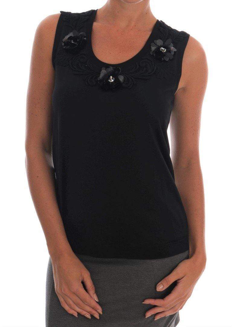 Dolce & Gabbana  Black Cotton Floral Crystal Tank Top #women, Black, Brand_Dolce & Gabbana, Catch, Dolce & Gabbana, feed-agegroup-adult, feed-color-black, feed-gender-female, feed-size-IT40|S, Gender_Women, IT40|S, Kogan, Tops & T-Shirts - Women - Clothing, Women - New Arrivals at SEYMAYKA