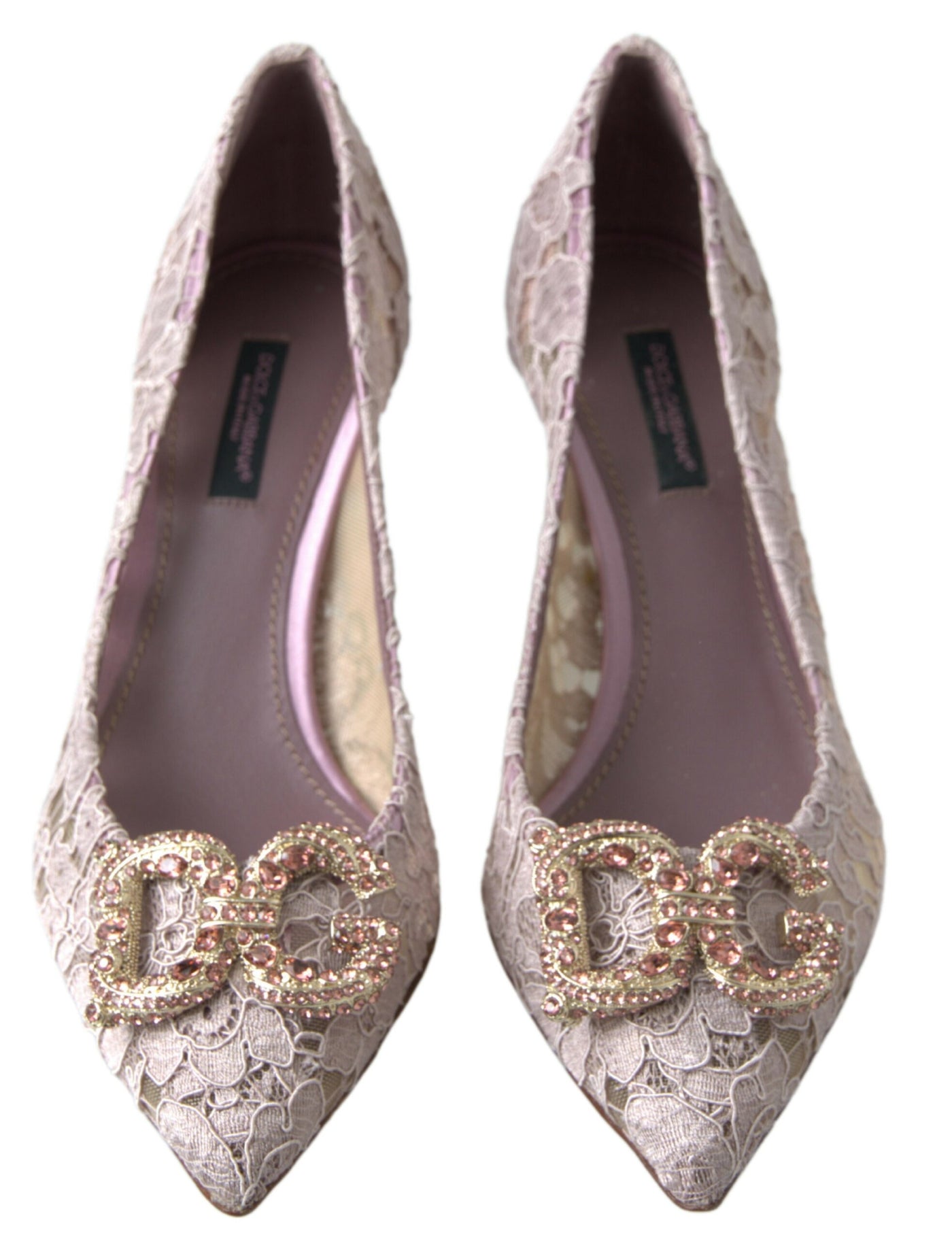 Dolce & Gabbana Pink Floral Lace DG Crystal Pumps Shoes