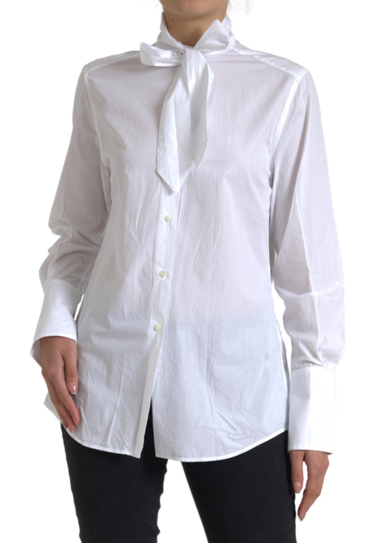 Dolce & Gabbana White Cotton Ascot Collar Long Sleeves Top