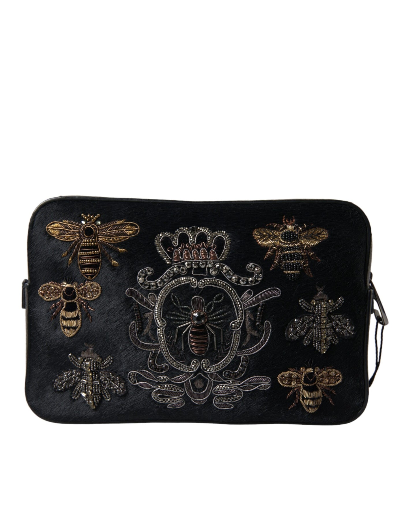 Dolce & Gabbana Black Calfskin Leather Bee Embellished Clutch Bag
