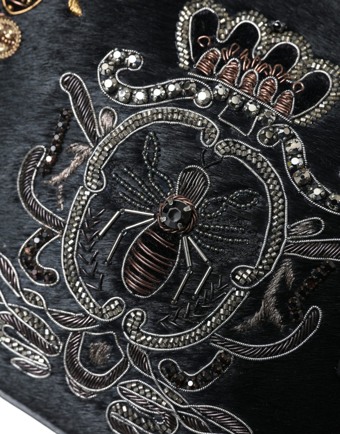 Dolce & Gabbana Black Calfskin Leather Bee Embellished Clutch Bag