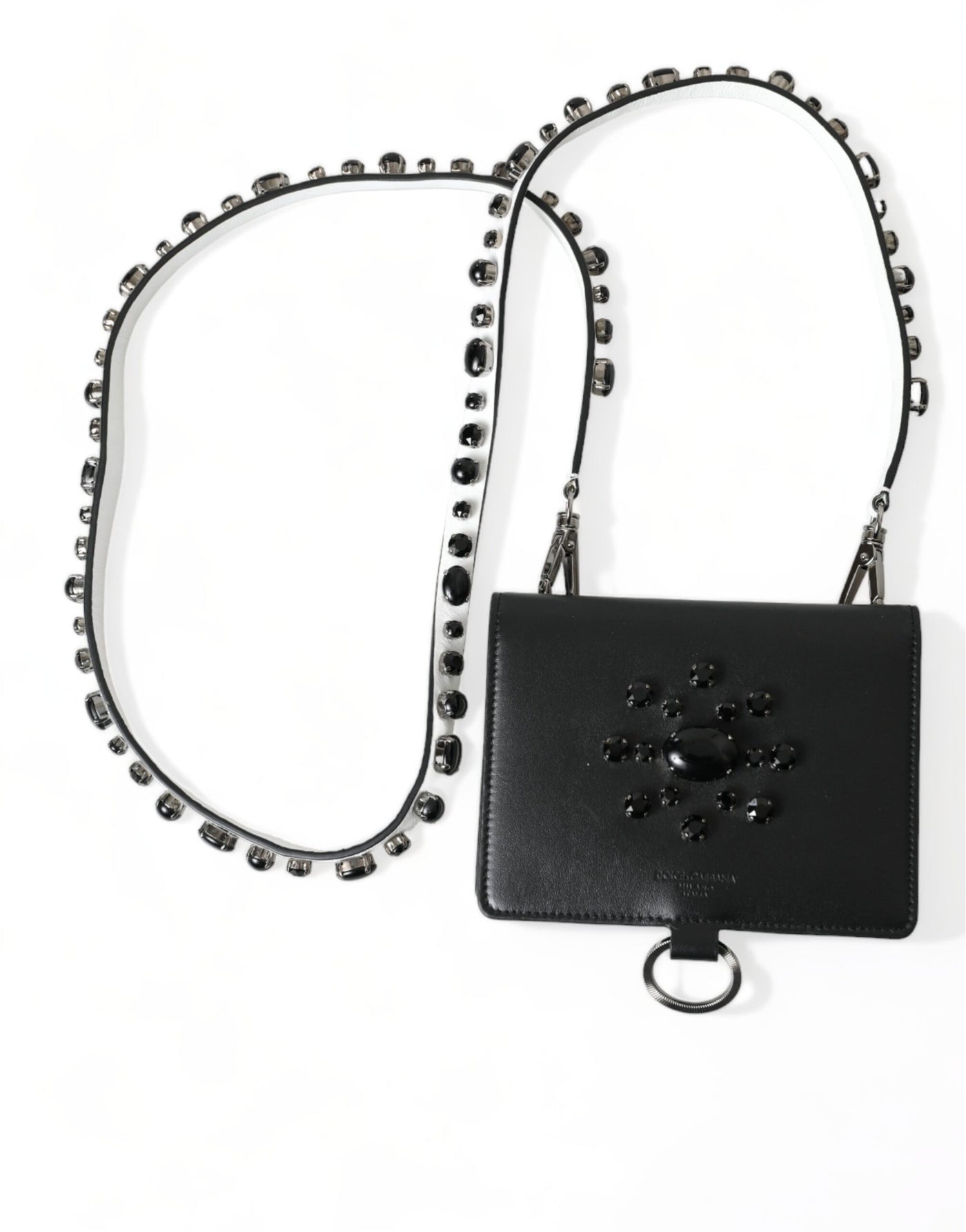 Dolce & Gabbana Black Leather Crystal Embellished Card Holder Wallet