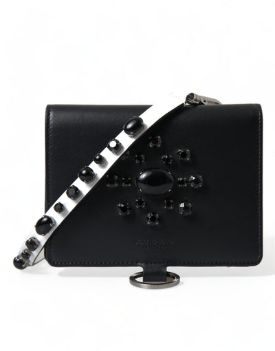Dolce & Gabbana Black Leather Crystal Embellished Card Holder Wallet