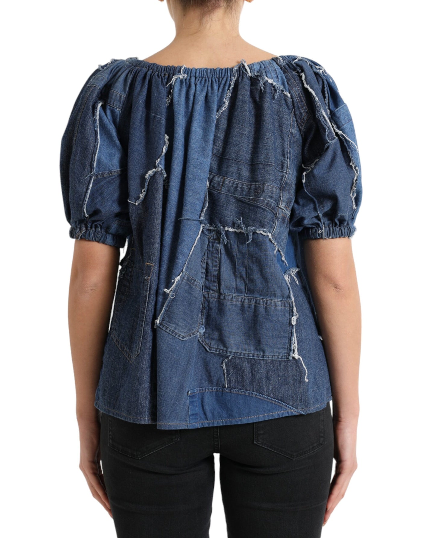 Dolce & Gabbana Blue Patchwork Short Sleeves Denim Blouse Top