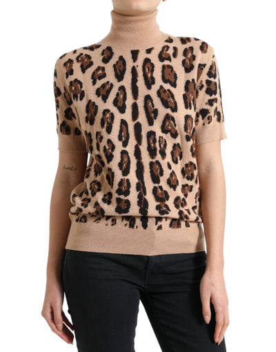 Dolce & Gabbana Beige Leopard Print Wool Turtleneck Top