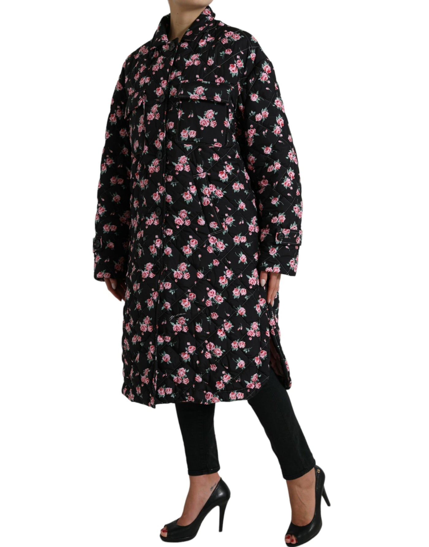 Dolce & Gabbana Black Floral Collared Trench Coat Jacket