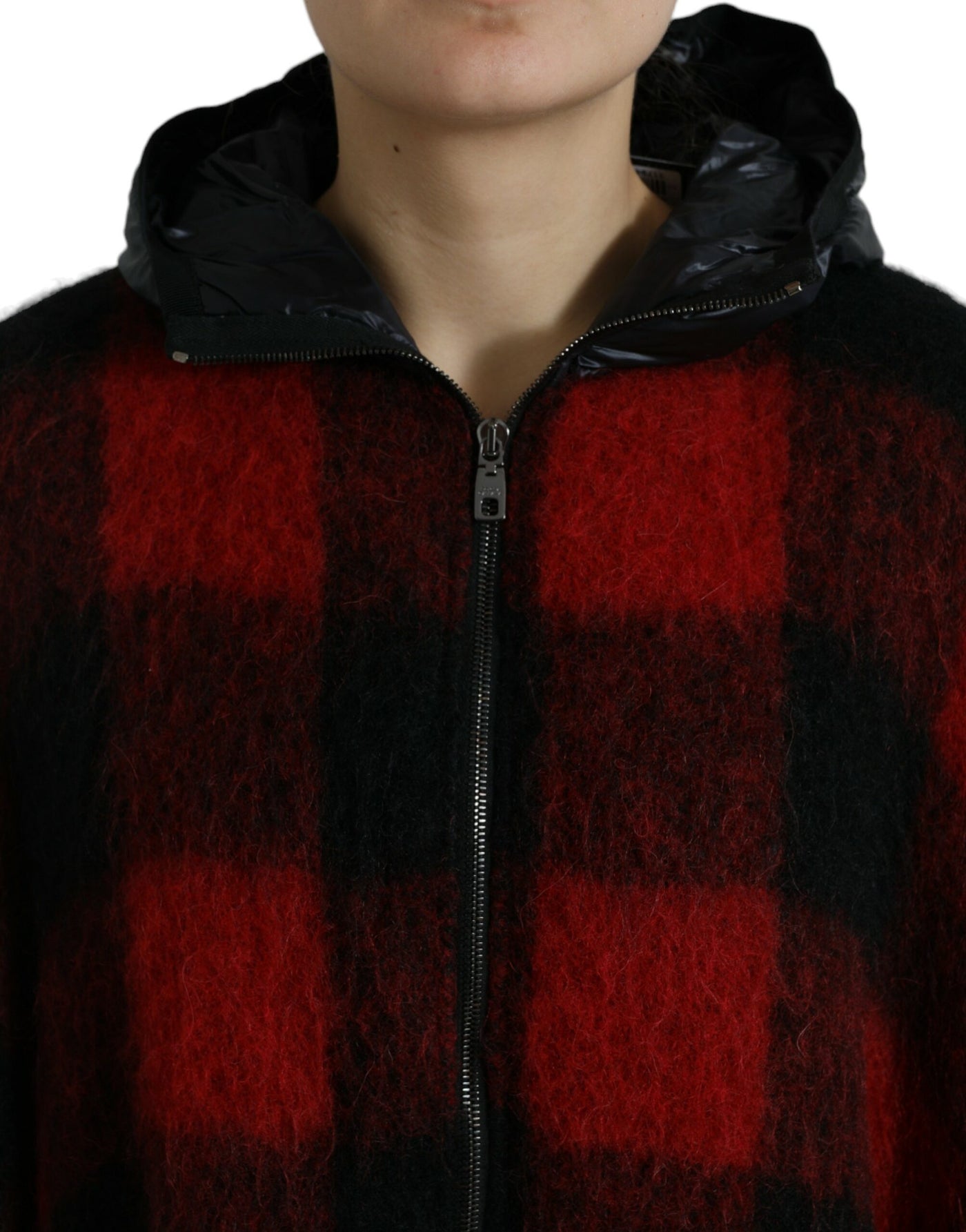 Dolce & Gabbana Black Red Buffalo Check Hooded Poncho Jacket